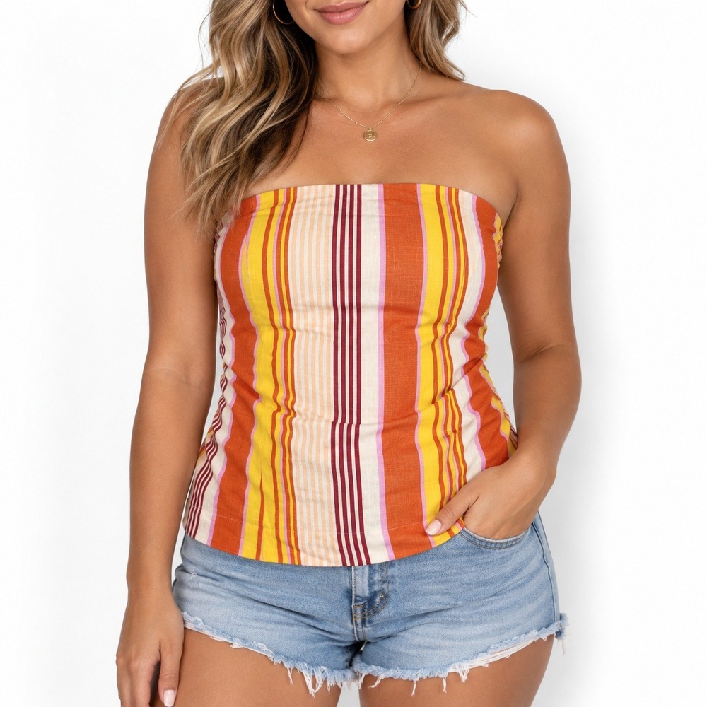 1. STATE Tube Top Womens XL Peach Cream Striped Smocked Back Summer Boho Retro
